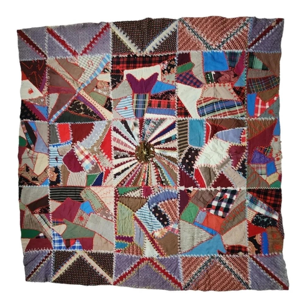 ANTIQUE Crazy Quilt top hand swen cotton quilt top to‎ be finished 65in x 65in